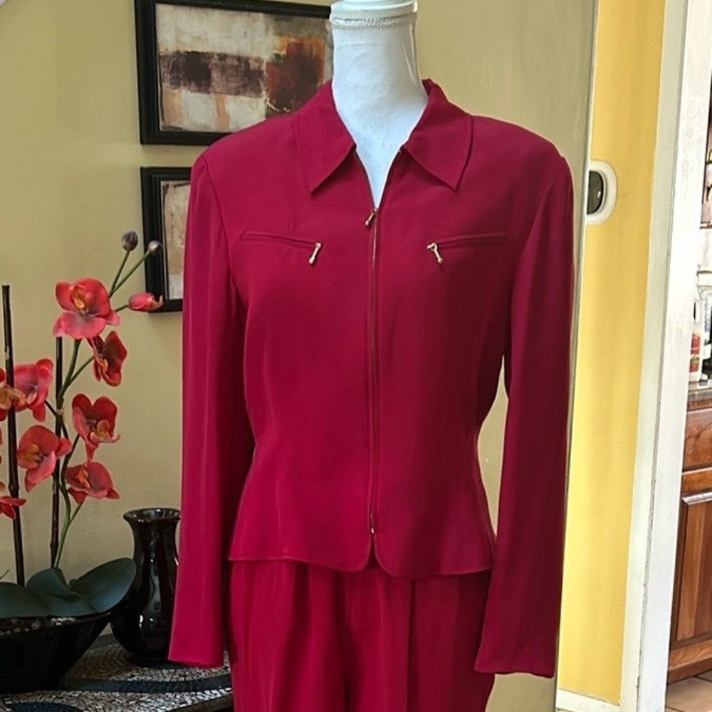 Vtg Y2K Allison Taylor NWOT Holiday 100% Silk Red Pant Suit Set Size Medium - Picture 4 of 16
